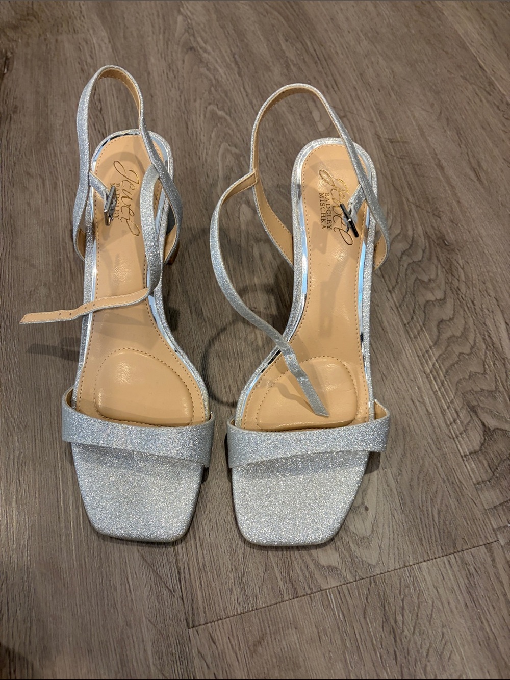 Jewel Badgley Mischka Silver Glitter Strappy Square-Toe Heels